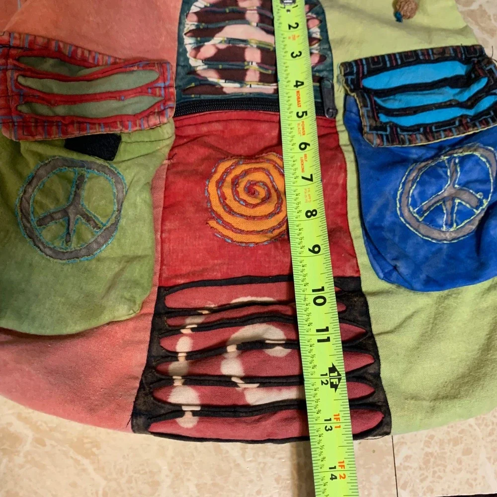 Bohemian Patchwork Hobo Bag Large Multi-Color Peace Sign Hippie Festival Hobo